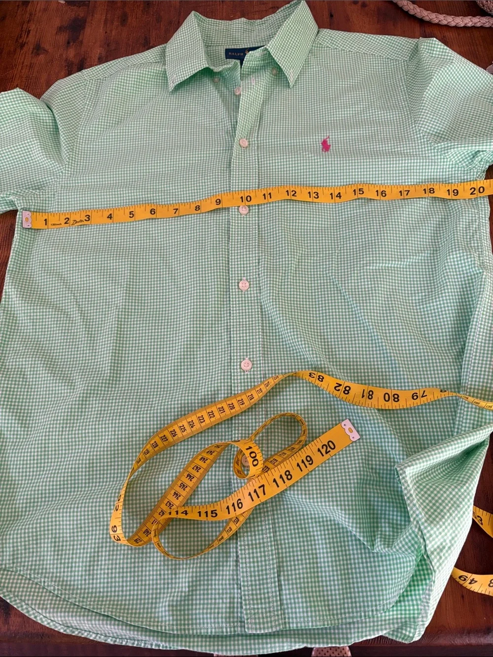 Ralph Lauren Youth Green Gingham Button Down Pink Pony Logo Dress Shirt Sz XL